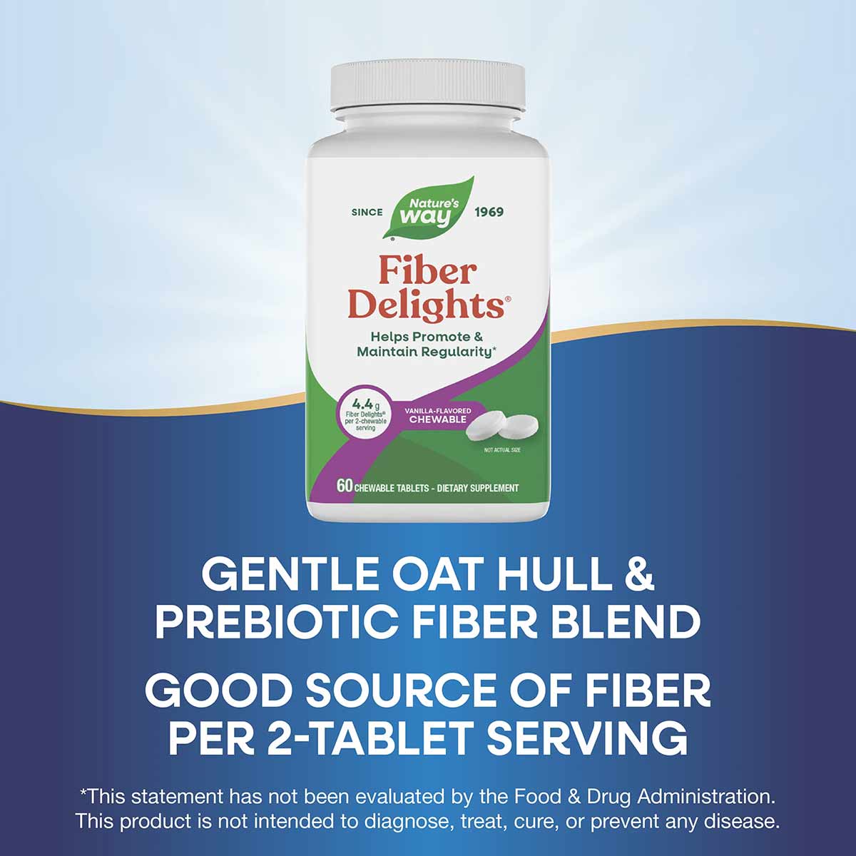 Nature's Way Fiber Delights bottle with white cap containing 60 vanilla-flavored chewable tablets.