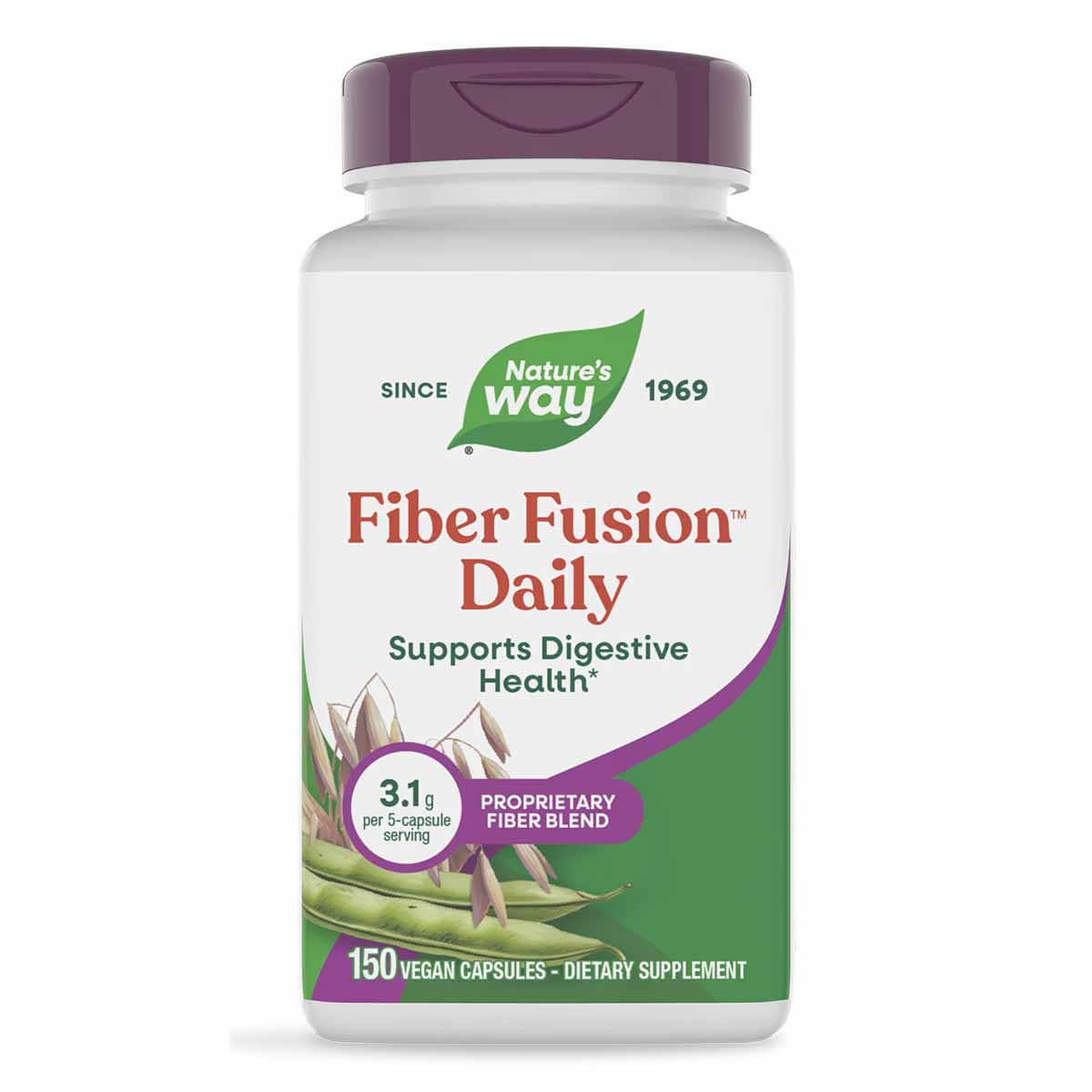 White bottle with purple cap labeled "Fiber Fusion Daily" by Nature's Way containing 150 vegan capsules.