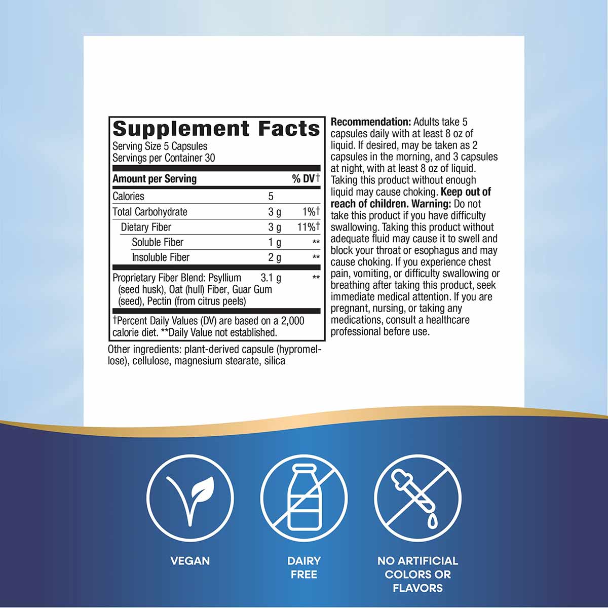 Supplement Facts label for Fiber Fusion Daily fiber supplement capsules with serving information, ingredients, and vegan, dai