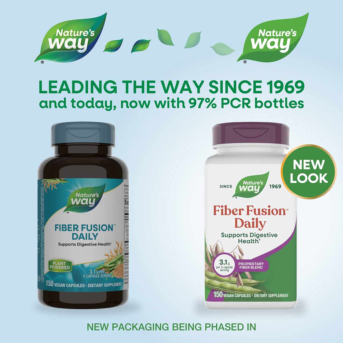Nature's Way Fiber Fusion Daily supplement bottles in dark and white containers with purple caps, 150 vegan capsules each.