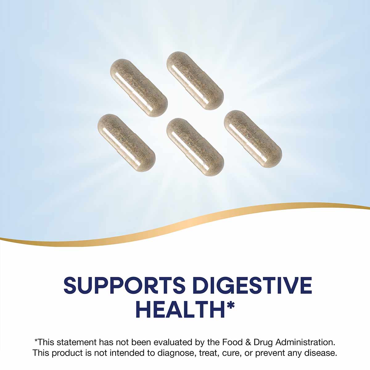 Five tan capsules arranged on a light blue and white background with a gold curved line.