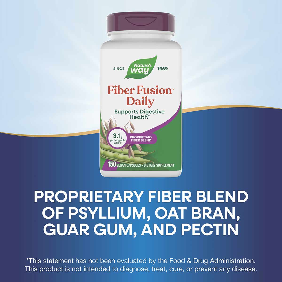 Nature's Way Fiber Fusion Daily bottle with purple cap containing 150 vegan capsules of dietary fiber supplement.