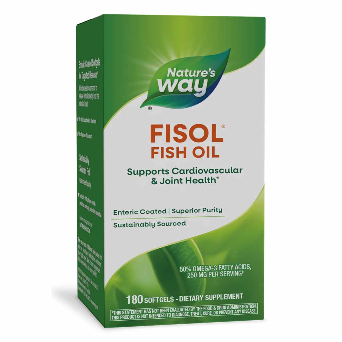 Nature's Way Fisol enteric-coated fish oil supplement bottle with 180 softgels in green and white packaging.