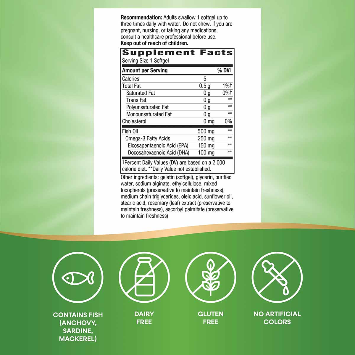 Supplement Facts label for fish oil softgels with usage instructions and allergen icons on green background.
