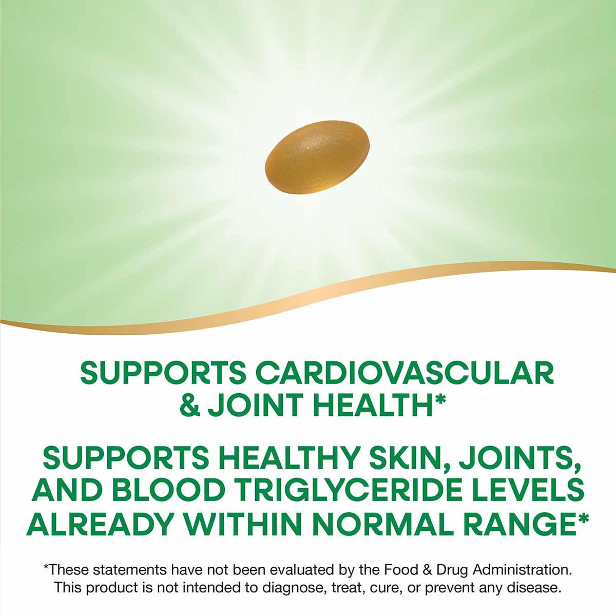 Brown oval enteric-coated fish oil softgel capsule on green and white background.
