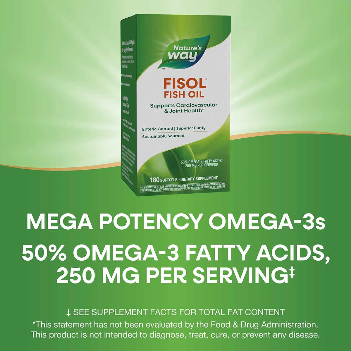 Nature's Way Fisol enteric-coated fish oil supplement bottle with green and white packaging, containing 180 softgels.