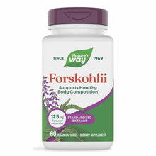 White and purple supplement bottle containing 60 vegan capsules of Forskohlii standardized extract by Nature's Way.