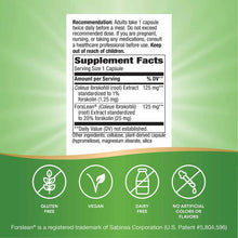 Supplement facts label and usage instructions for Forskohlii capsules on green background with certification icons.