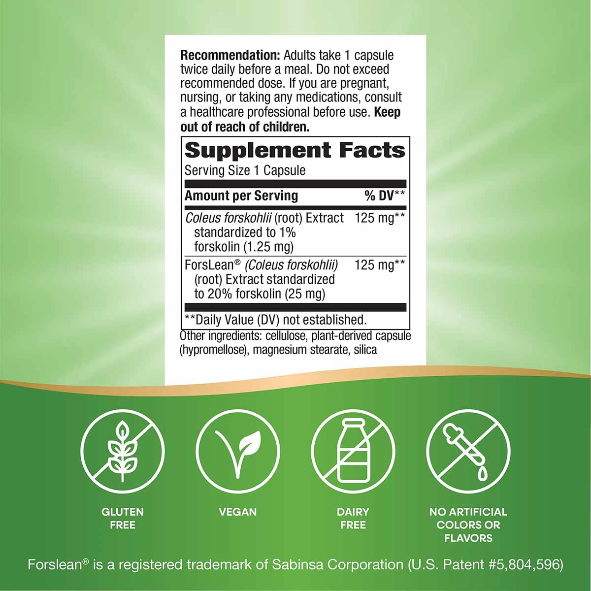Supplement facts label and usage instructions for Forskohlii capsules on green background with certification icons.