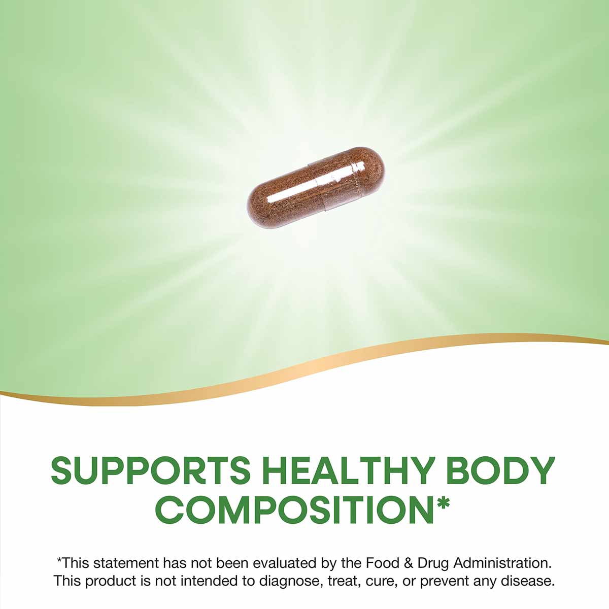 Brown capsule supplement on green gradient background with gold wave design element.