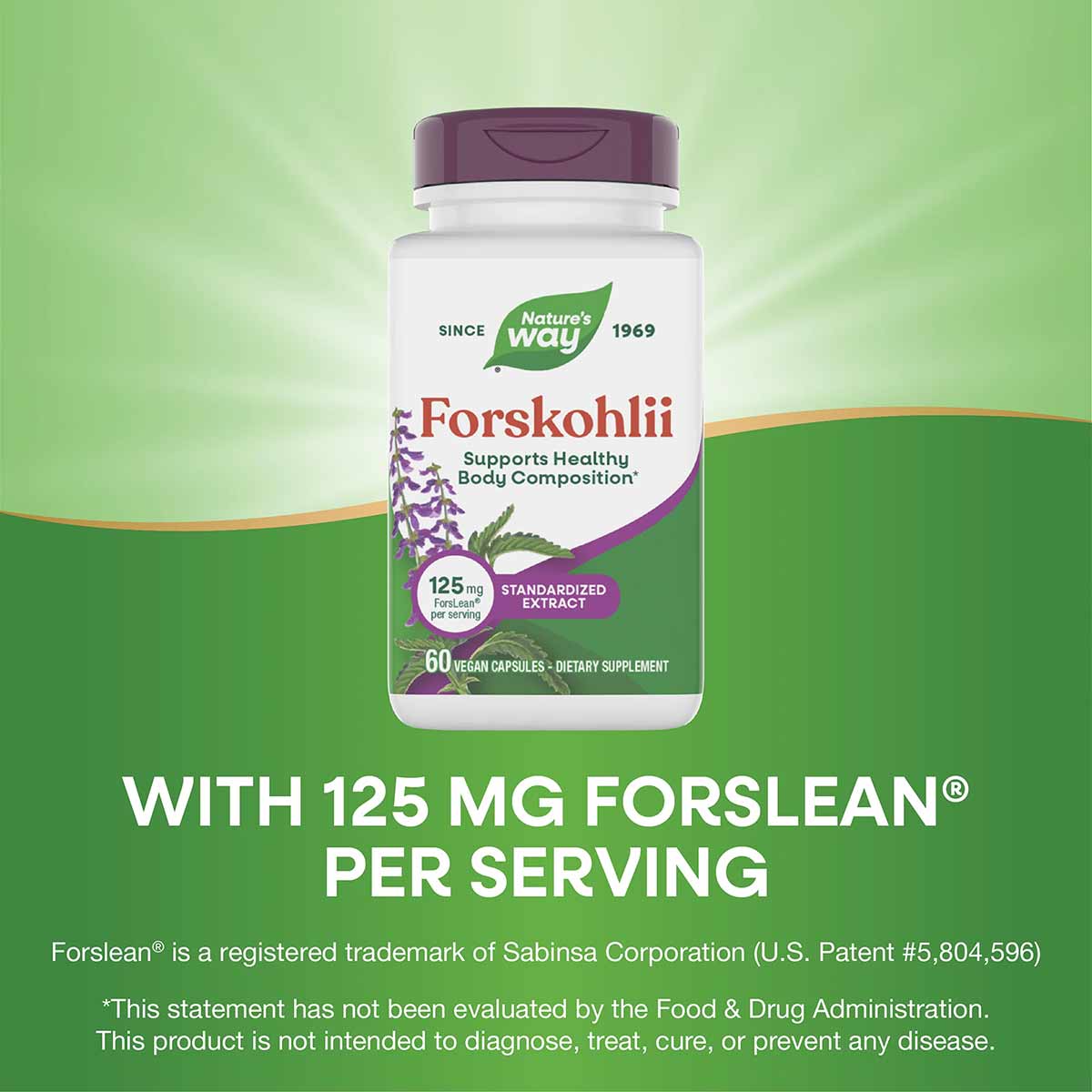 White and purple bottle of Nature's Way Forskohlii standardized extract containing 60 vegan capsules with purple flower image