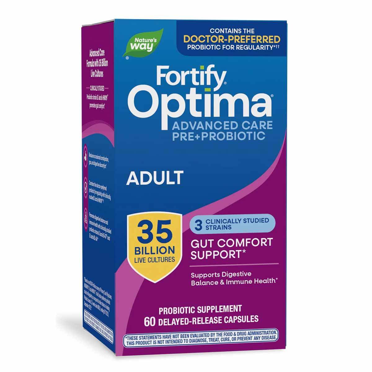 Fortify Optima Advanced Care Pre+Probiotic Adult supplement box containing 60 delayed-release capsules with 35 billion live c