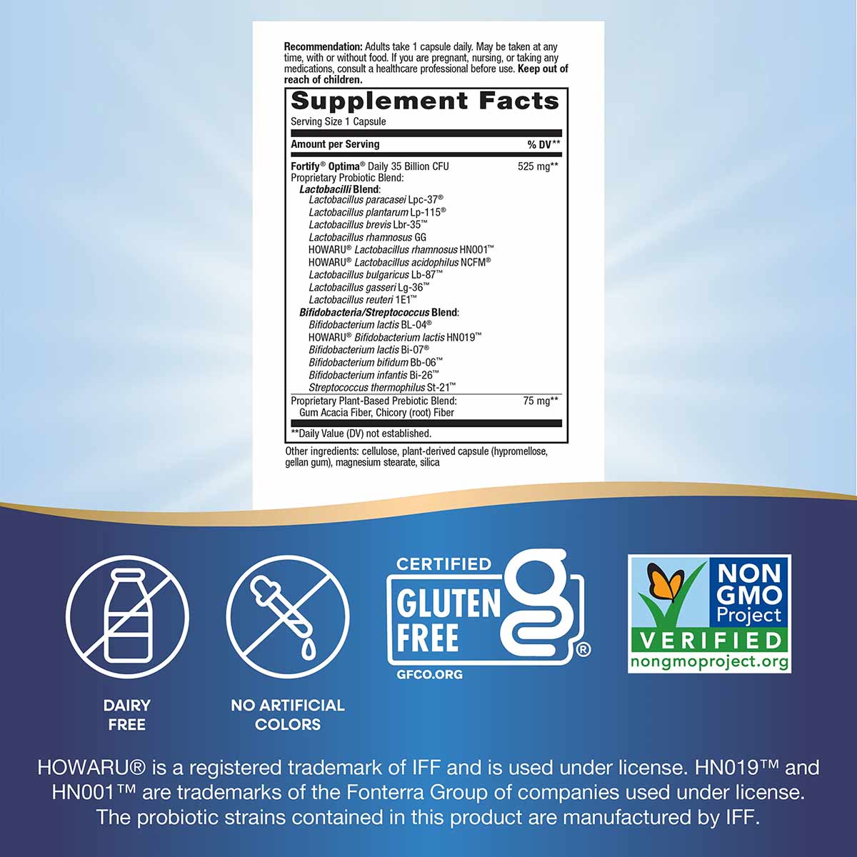 Supplement Facts label for Fortify Optima 35 Billion probiotic capsules showing ingredients and certifications for dairy-free