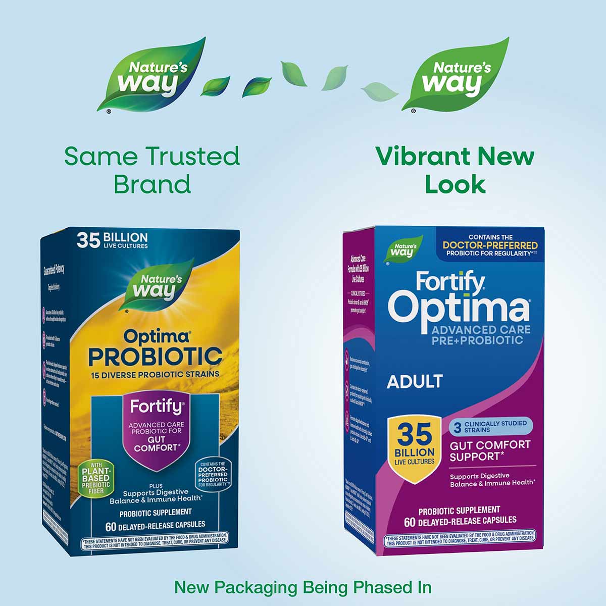 Nature's Way Fortify Optima probiotic supplement bottles in old yellow and new blue packaging with 35 billion live cultures.