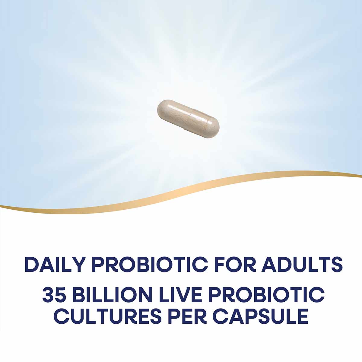 Tan probiotic capsule against a light blue and white background with gold curved design element.