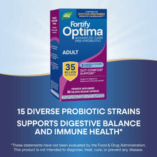 Fortify Optima Advanced Care Pre+Probiotic Adult supplement bottle containing 35 billion live cultures in 60 delayed-release 