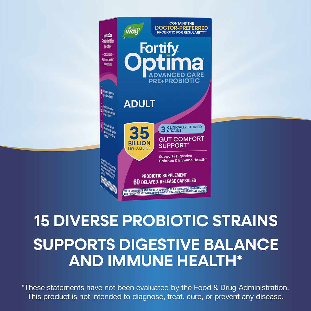 Fortify Optima Advanced Care Pre+Probiotic Adult supplement bottle containing 35 billion live cultures in 60 delayed-release 