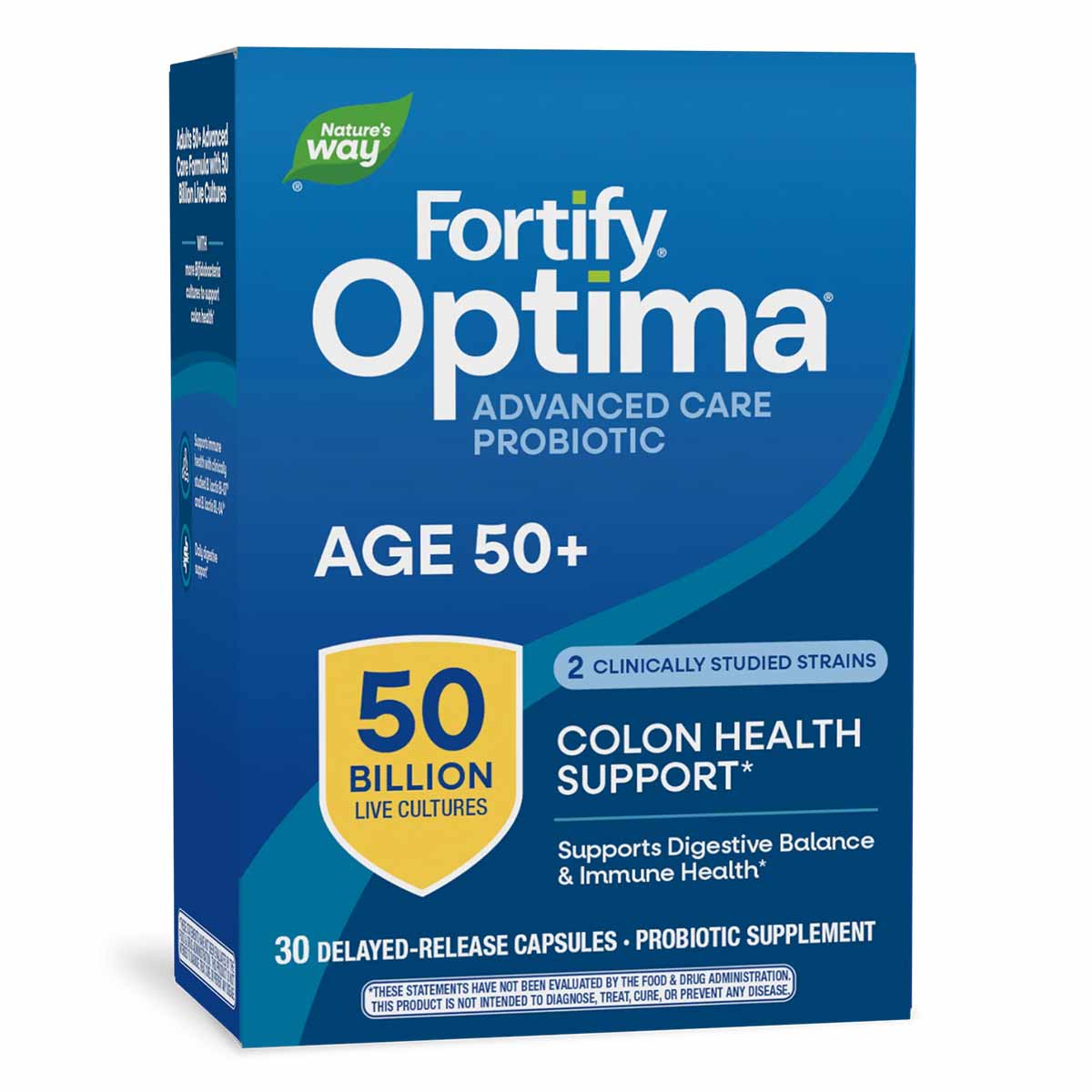 Blue box of Fortify Optima Advanced Care Probiotic for Age 50+, containing 30 delayed-release capsules by Nature's Way.