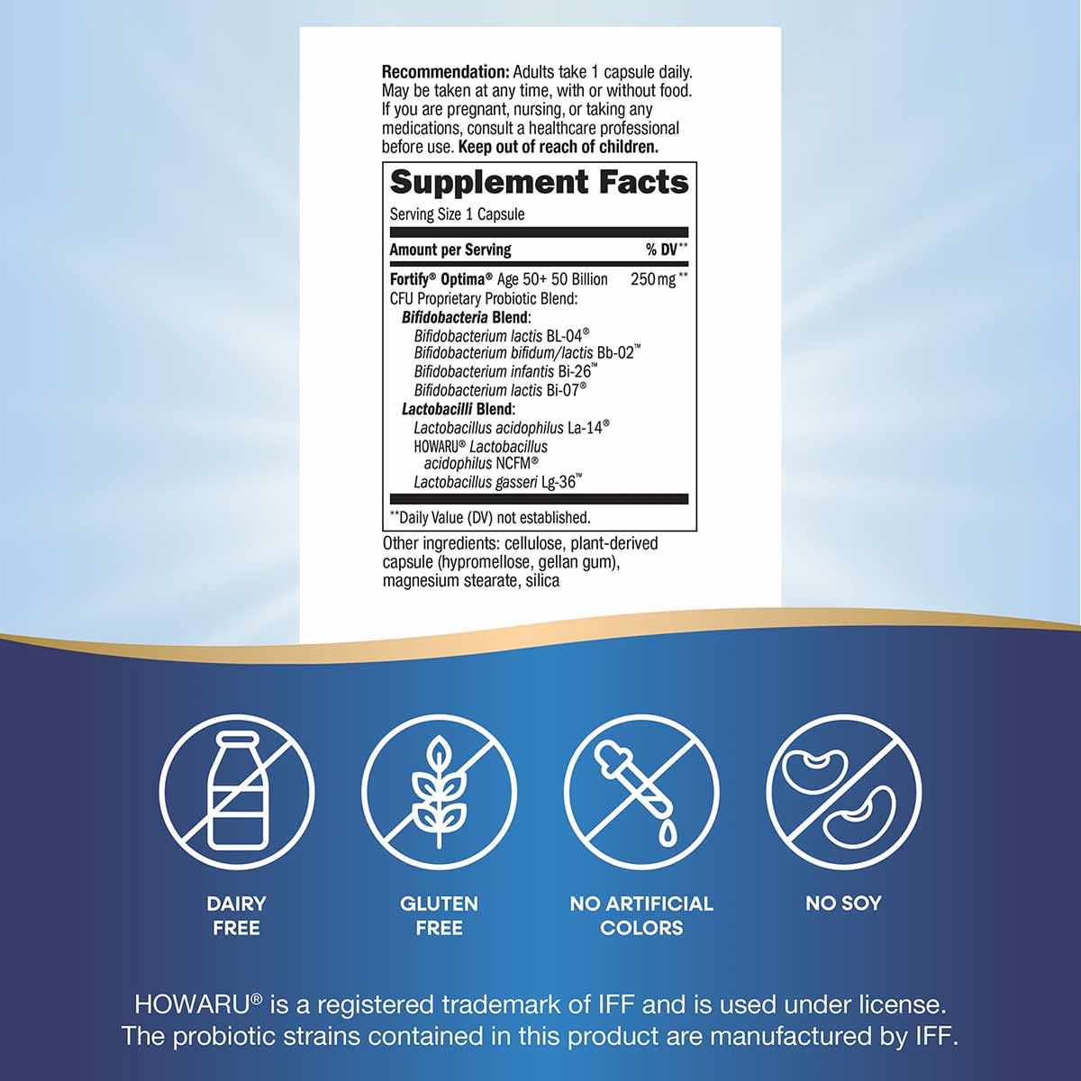 Supplement Facts label for Fortify Optima Adult 50+ Probiotic showing serving size, probiotic blend ingredients, and icons in