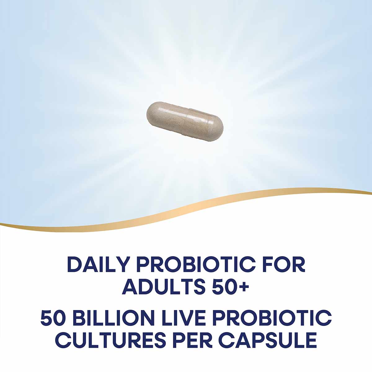 Tan capsule on light blue and white background with gold curved line and product text below.