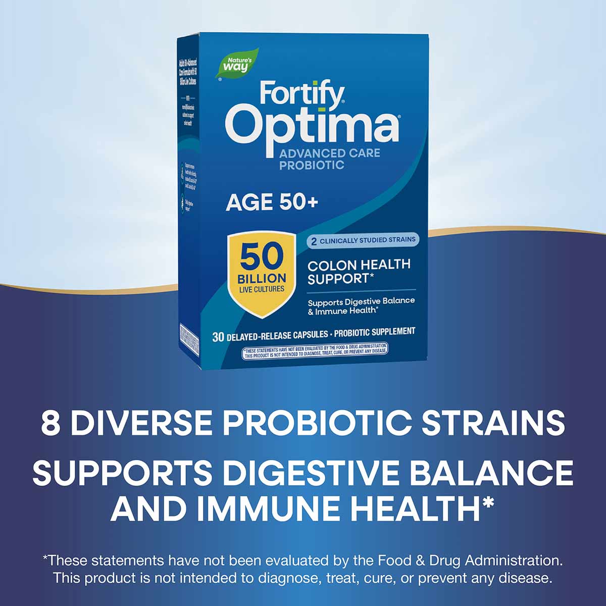 Blue probiotic supplement bottle labeled Fortify Optima Age 50+ with 50 billion live cultures and 30 delayed-release capsules
