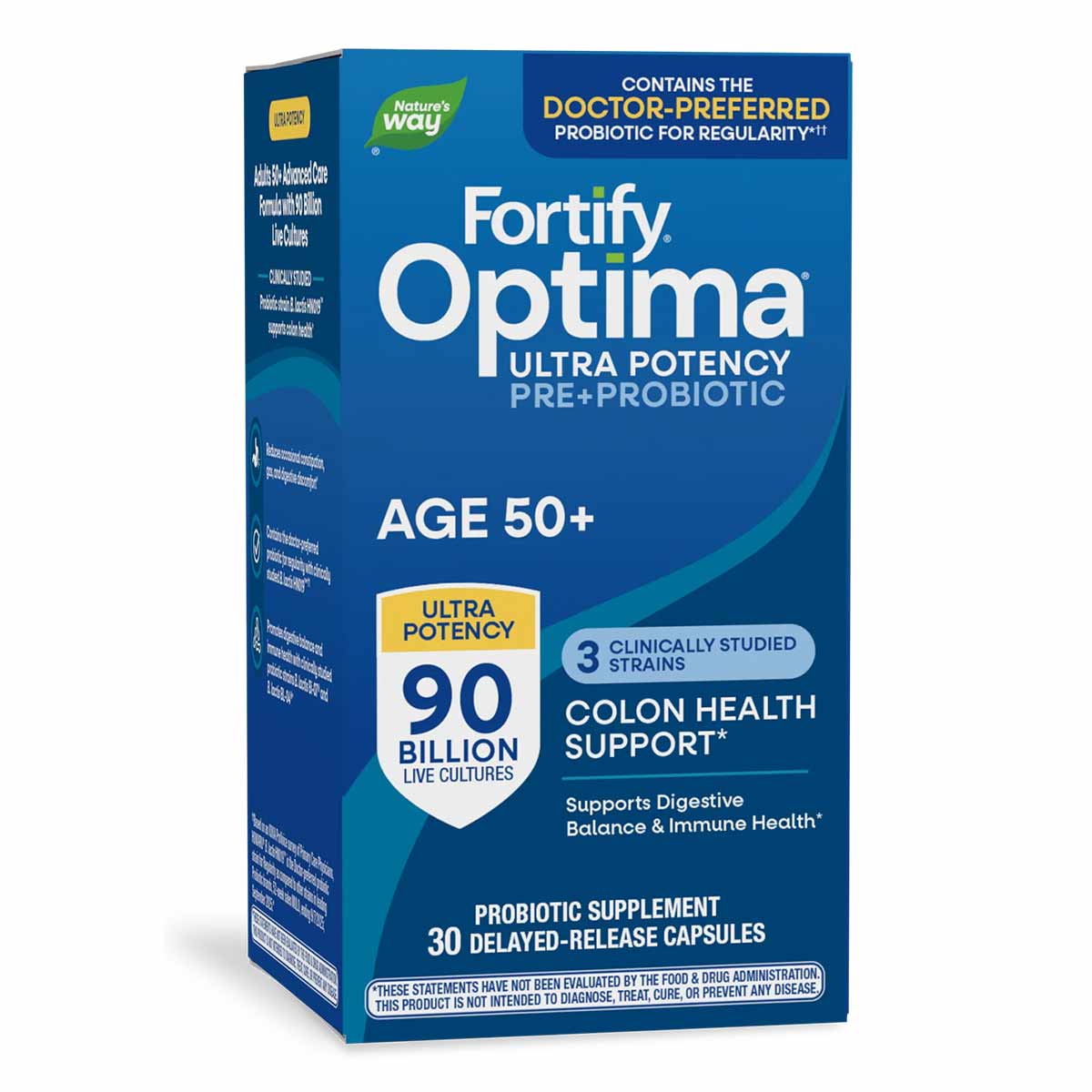 Blue box of Fortify Optima Age 50+ probiotic supplement with 90 billion live cultures in 30 delayed-release capsules.