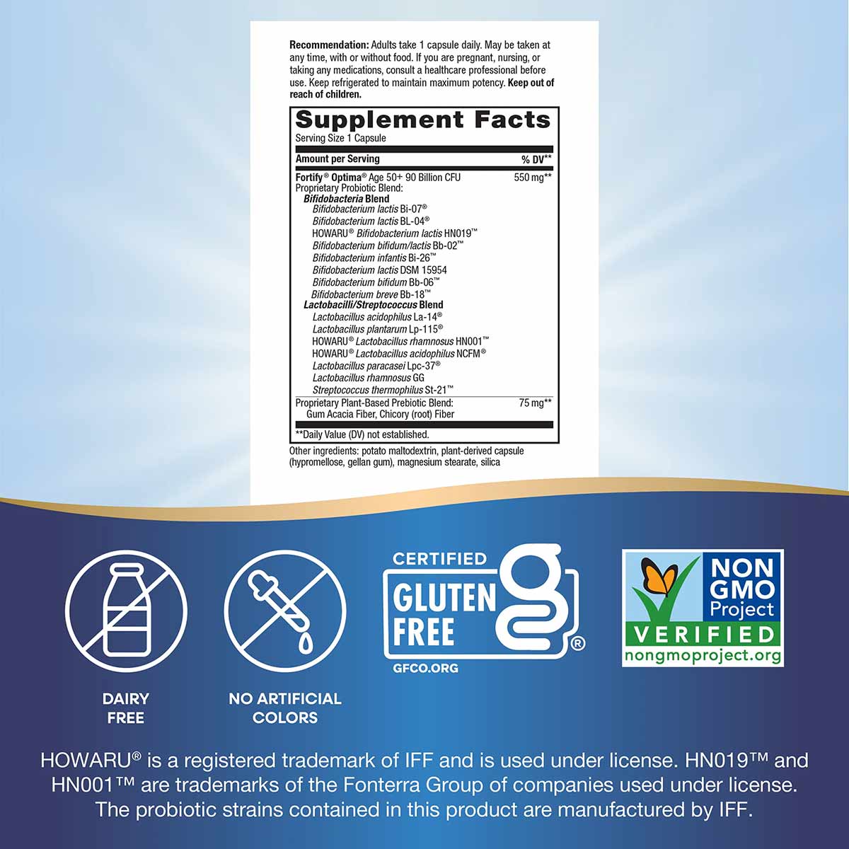 Supplement Facts label showing 90 billion CFU probiotic blend with Bifidobacterium and Lactobacillus strains, dairy-free and 