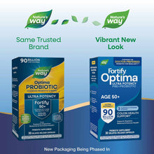 Nature's Way Fortify Optima probiotic supplement bottles showing old yellow packaging on left and new blue packaging on right