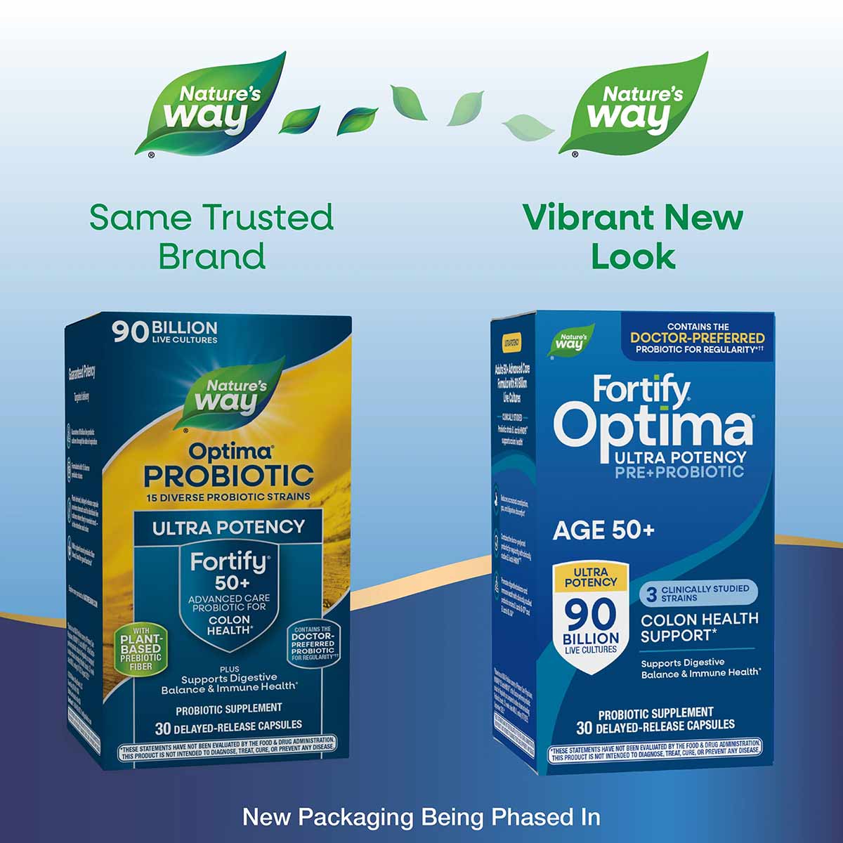 Nature's Way Fortify Optima probiotic supplement bottles showing old yellow packaging on left and new blue packaging on right