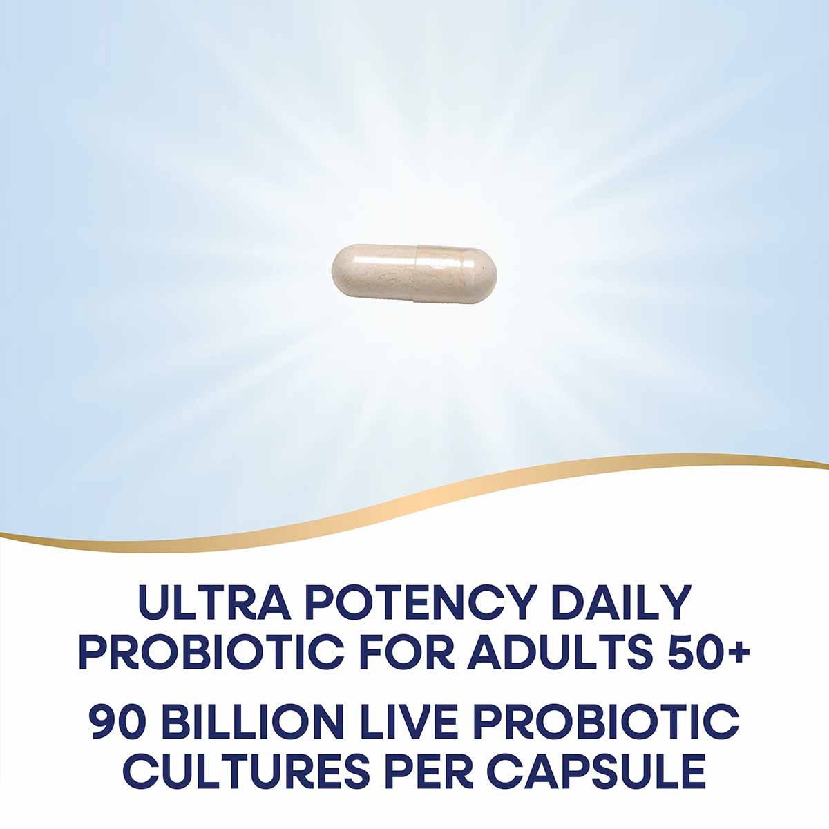 Tan capsule probiotic supplement displayed against light blue background with gold wave design and product description text b