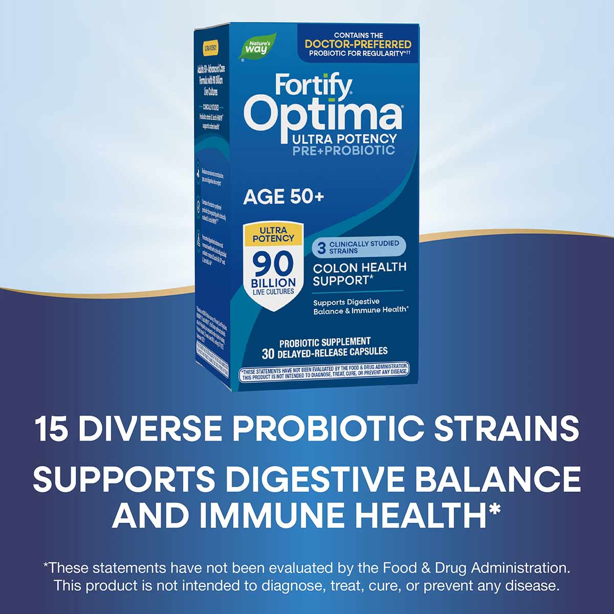 Blue box of Fortify Optima probiotic supplement for age 50+, containing 90 billion live cultures in 30 delayed-release capsul