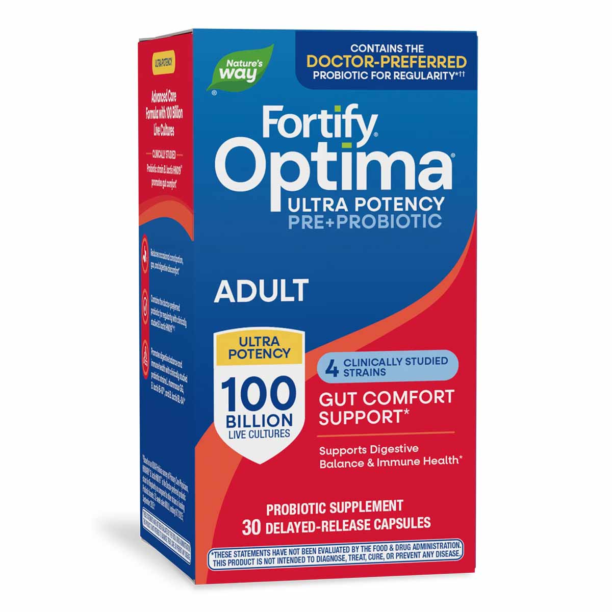 Fortify Optima Ultra Potency probiotic supplement box with blue and red design, 30 delayed-release capsules, 100 billion live
