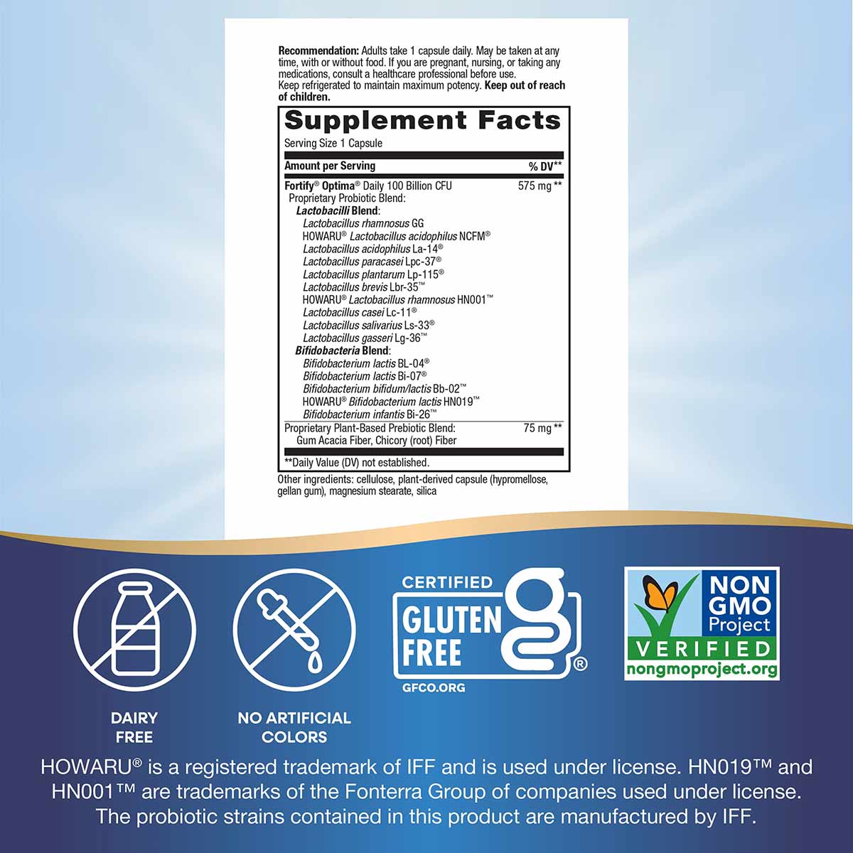 Supplement Facts label for Fortify Optima Max Potency probiotic capsules with dairy-free, gluten-free, and non-GMO certificat