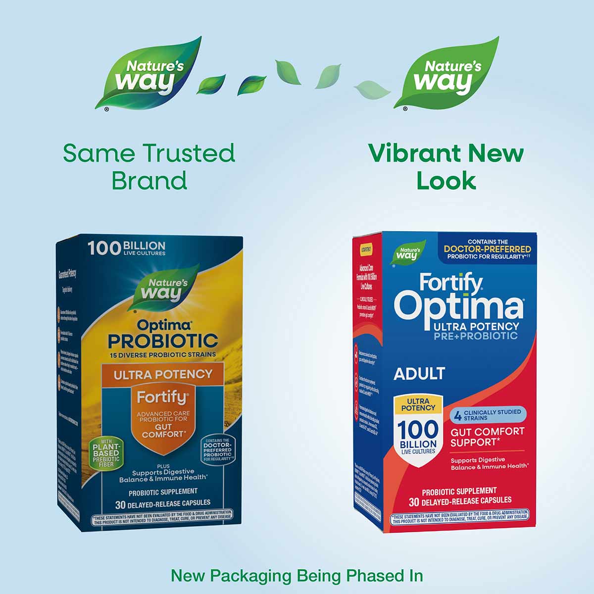 Two Nature's Way Fortify Optima probiotic supplement boxes showing previous dark packaging on left and new blue packaging on 