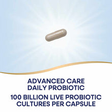 Tan capsule supplement on light blue background with gold wave design and text stating "Advanced Care Daily Probiotic 100 Bil