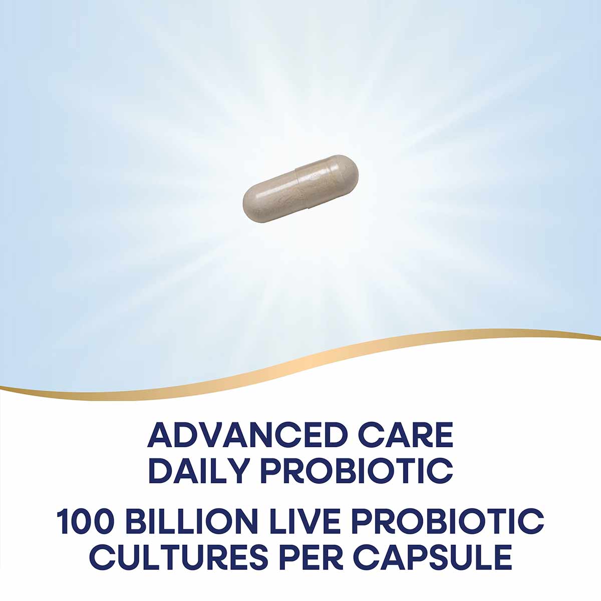 Tan capsule supplement on light blue background with gold wave design and text stating "Advanced Care Daily Probiotic 100 Bil