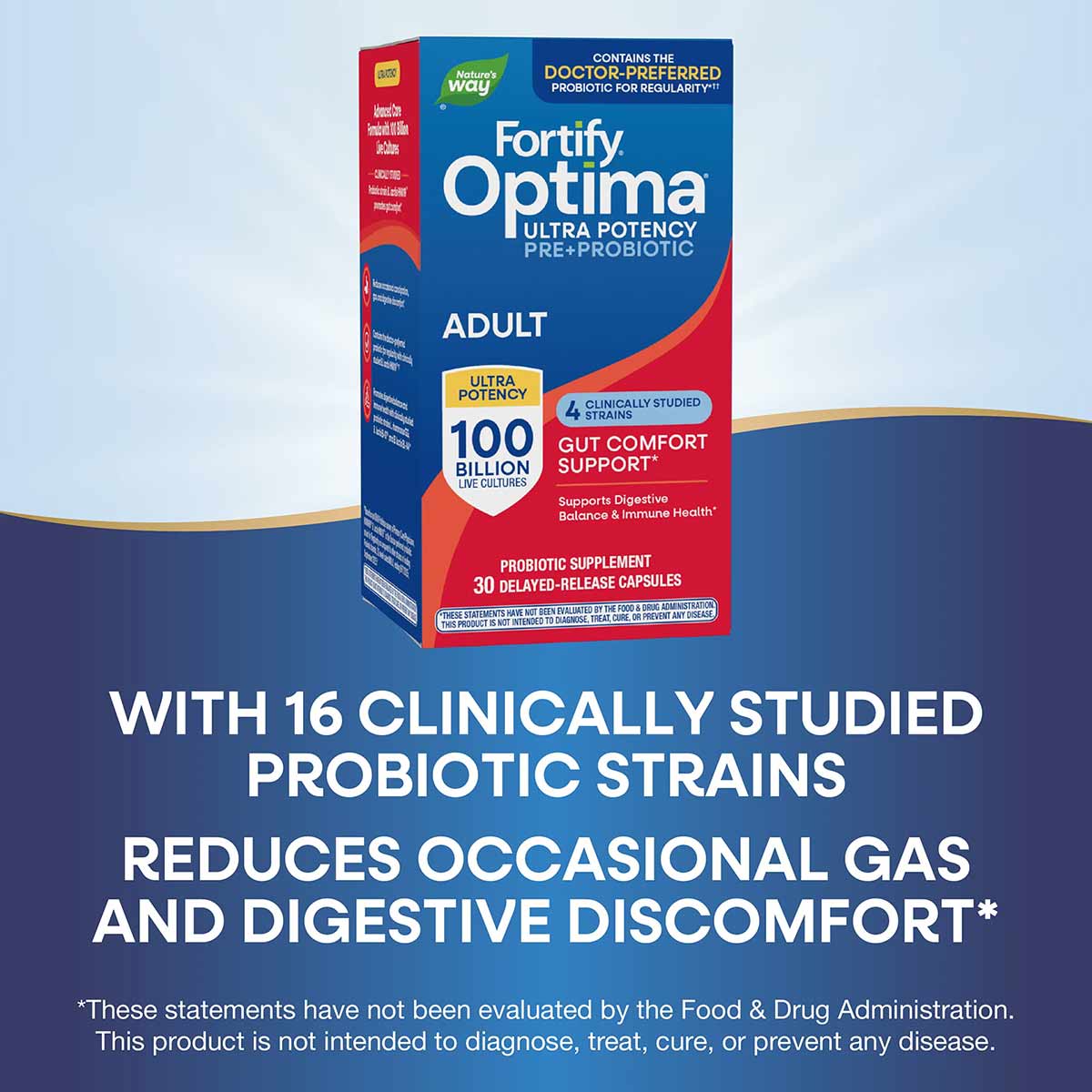 Fortify Optima Ultra Potency probiotic supplement box for adults containing 30 delayed-release capsules with 100 billion live