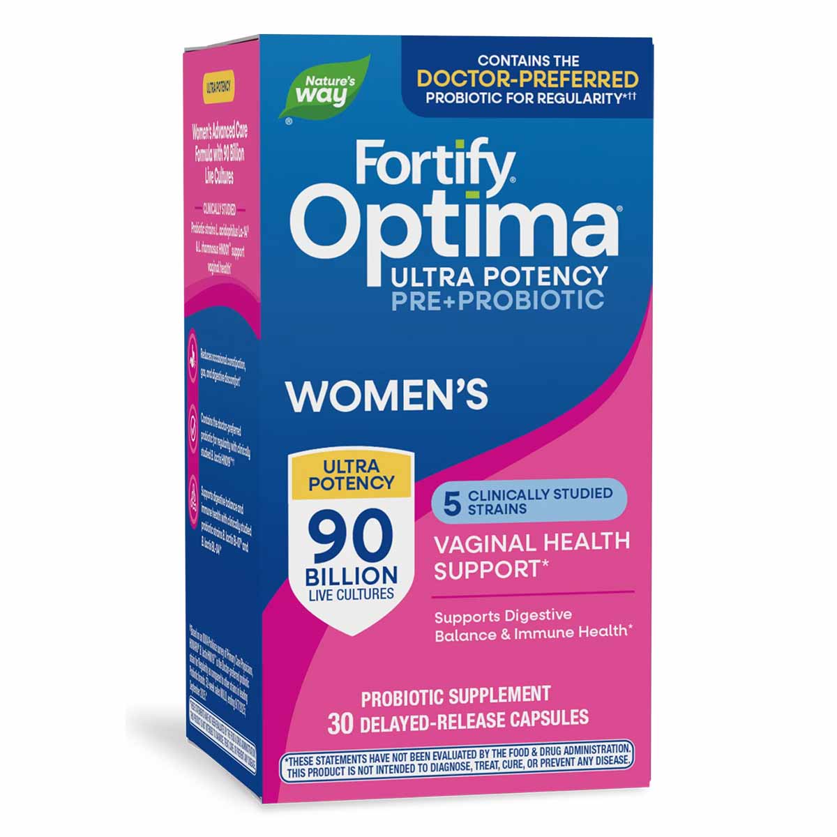 Fortify Optima Women's probiotic supplement box with blue and pink design, containing 30 delayed-release capsules.