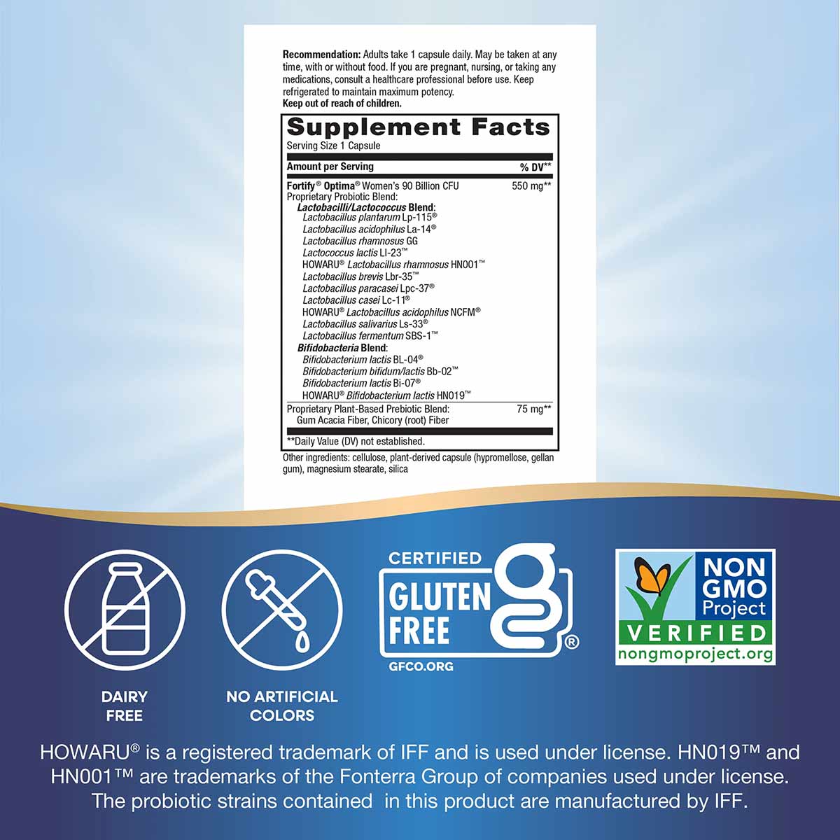 Supplement Facts label for Fortify Optima Women's 90 Billion probiotic capsules with certification badges for gluten-free, no