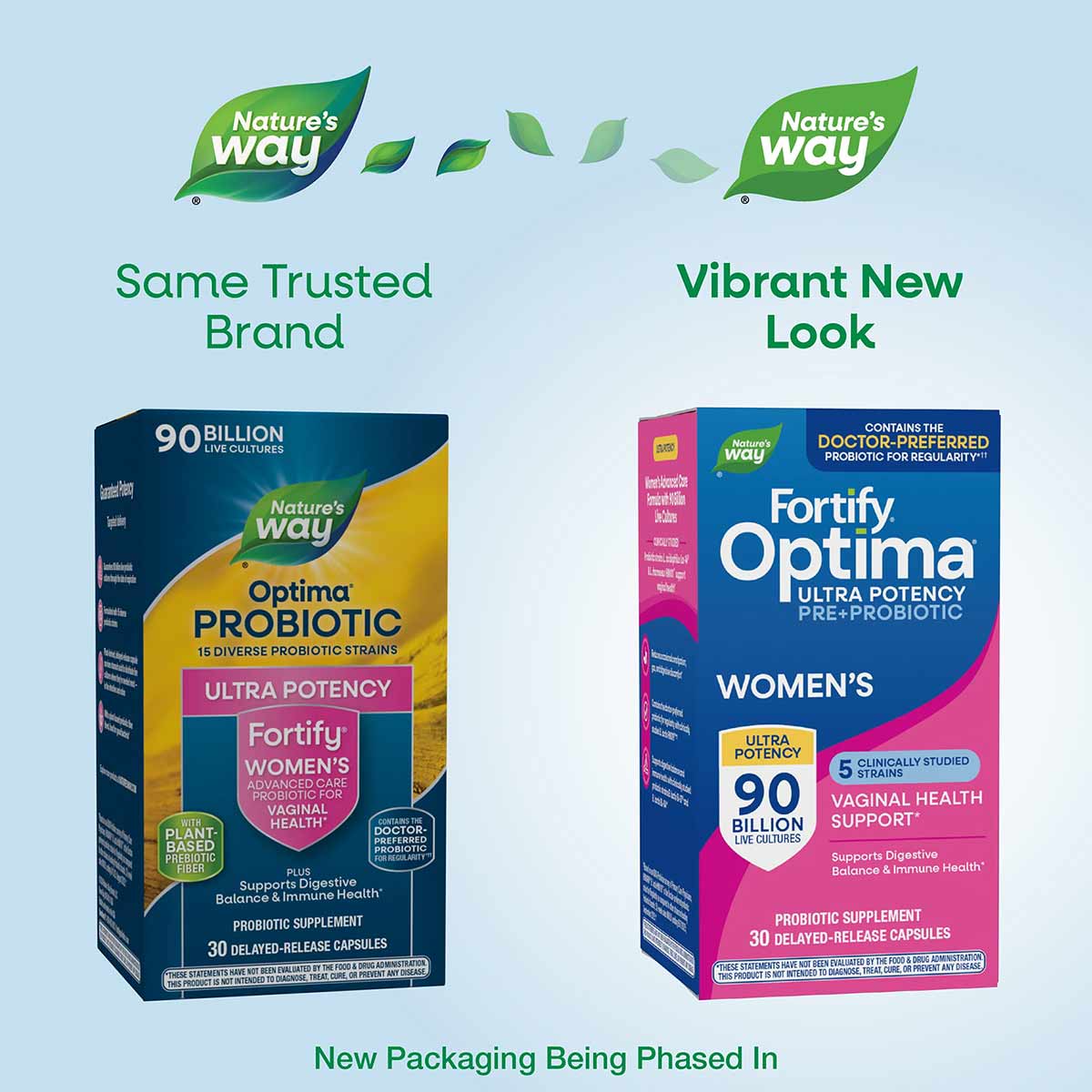 Two bottles of Nature's Way Fortify Optima Women's probiotic supplement showing old and new packaging designs side by side.