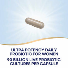 Tan capsule probiotic supplement displayed against light blue background with product text below.