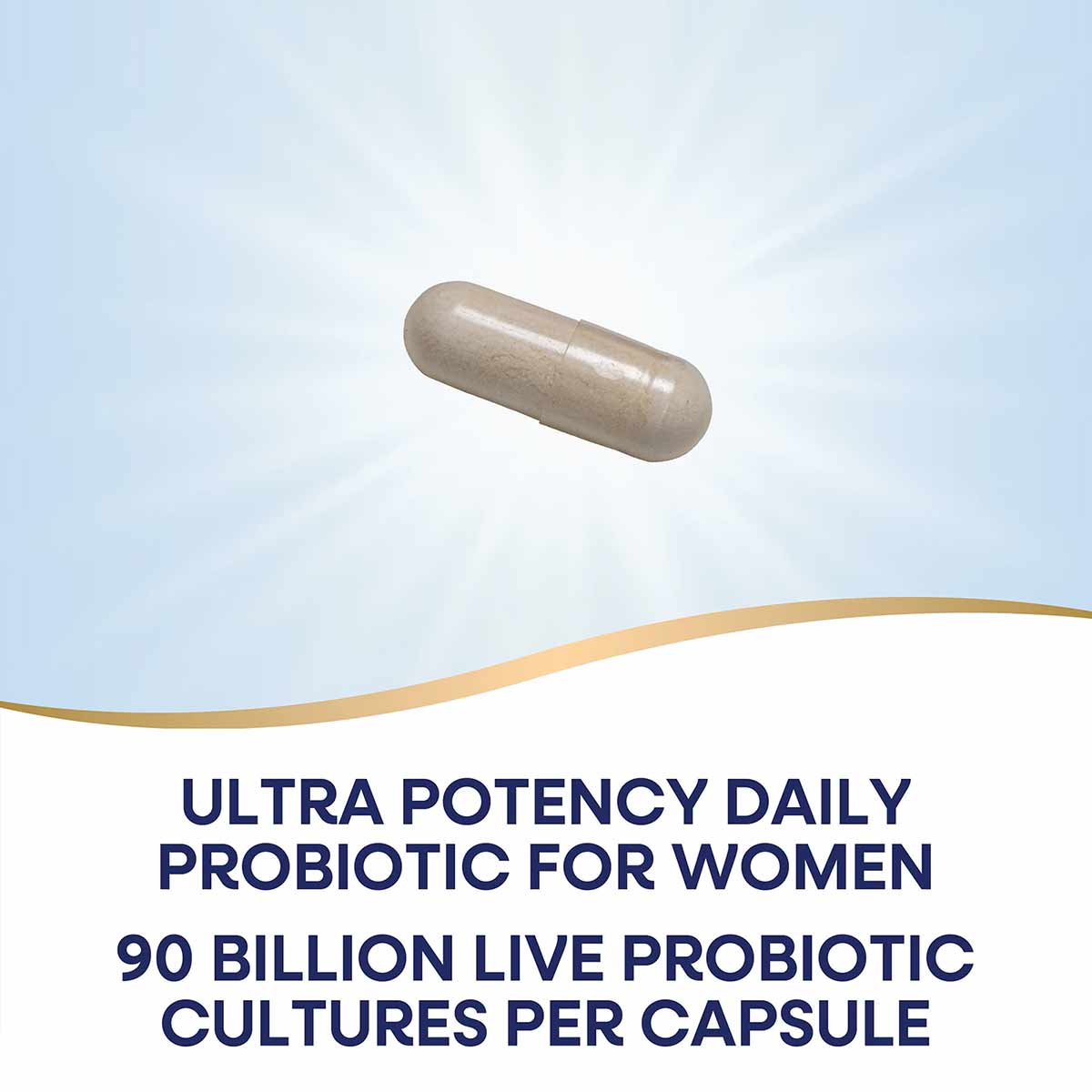 Tan capsule probiotic supplement displayed against light blue background with product text below.