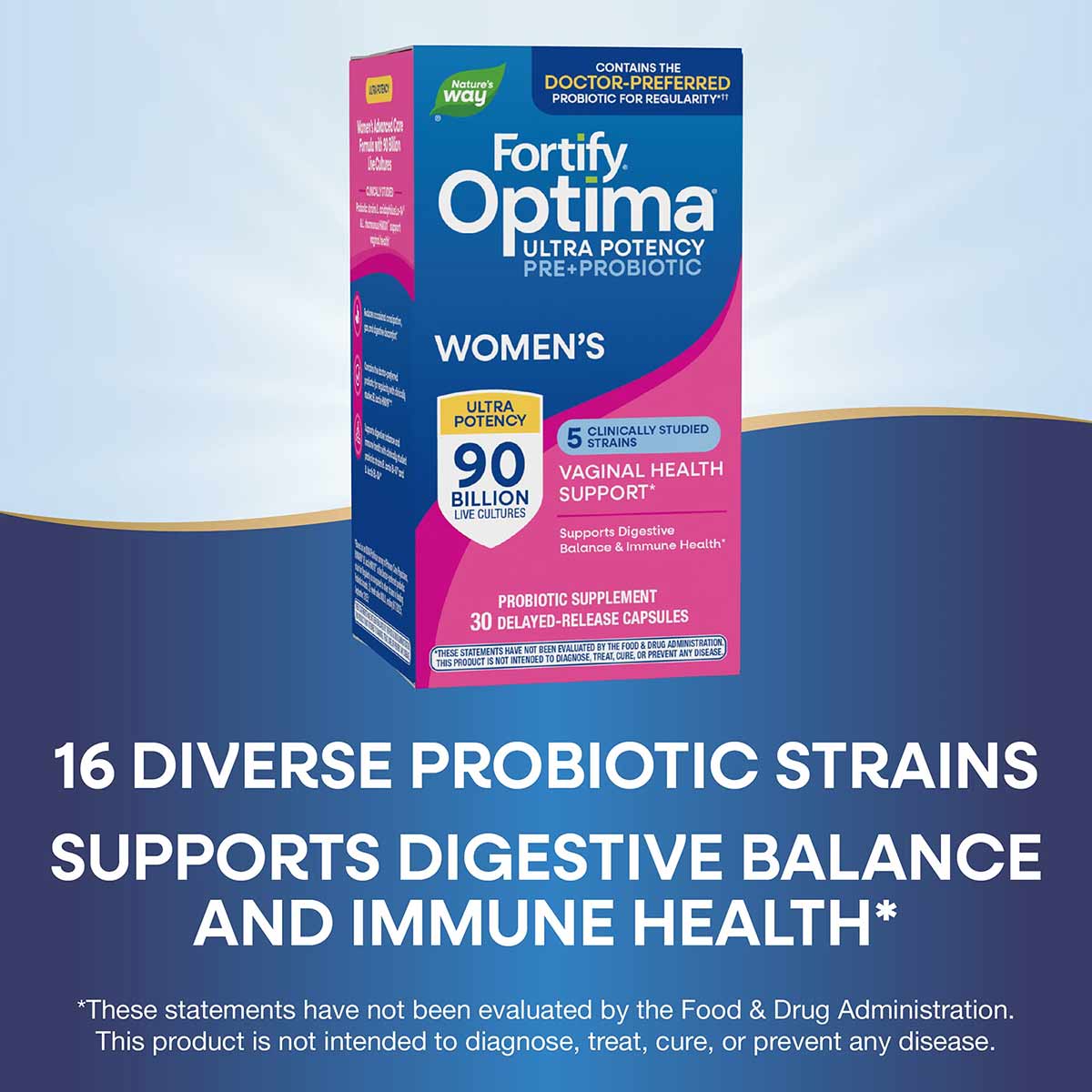 Fortify Optima Women's probiotic supplement box with blue and pink packaging containing 30 delayed-release capsules.