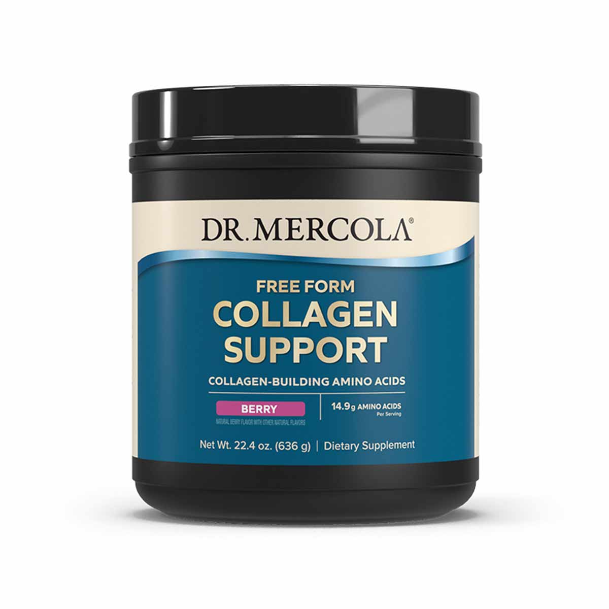 Black container with blue and cream label for Dr. Mercola Free Form Collagen Support berry flavor powder, 22.4 oz.
