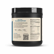 Black container of Free Form Collagen Support powder with cream-colored label showing supplement facts and ingredient informa