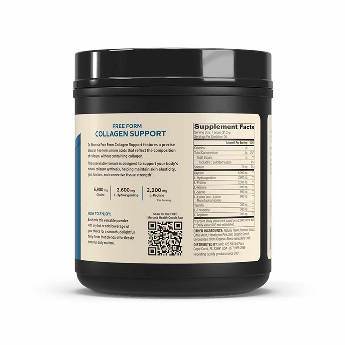 Black container of Free Form Collagen Support powder with cream-colored label showing supplement facts and ingredient informa