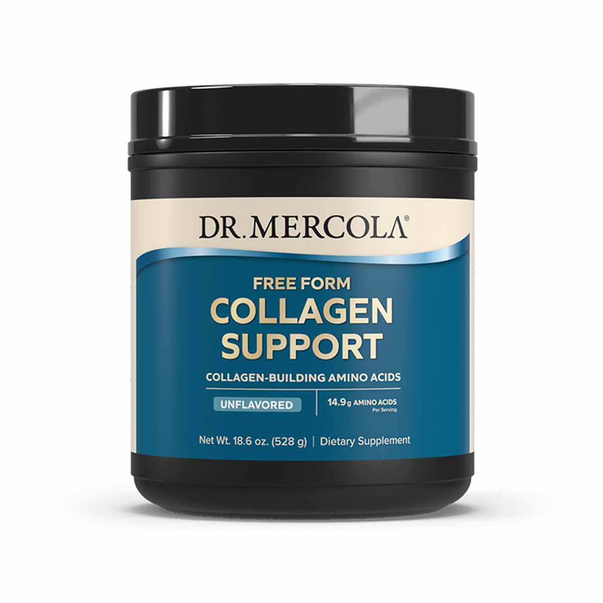 Black and teal container of Dr. Mercola Free Form Collagen Support powder, 18.6 oz, unflavored dietary supplement.
