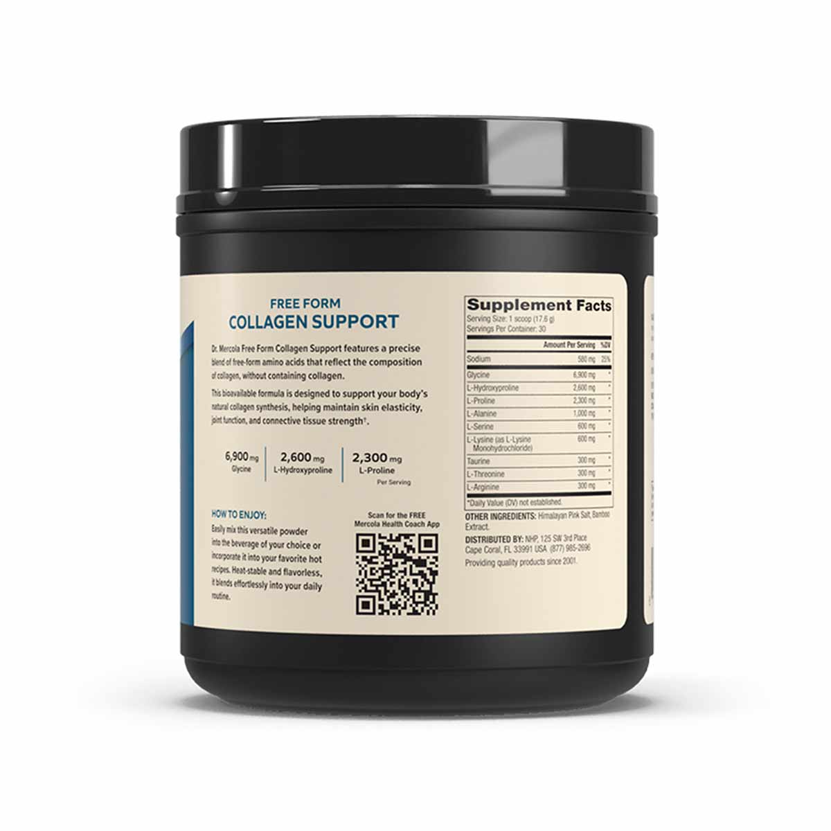 Black container with cream-colored label displaying "Free Form Collagen Support" with supplement facts and ingredient informa