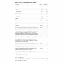 Nutrition facts label for Fruits & Greens Daily Drink showing ingredients and nutritional information per scoop serving.
