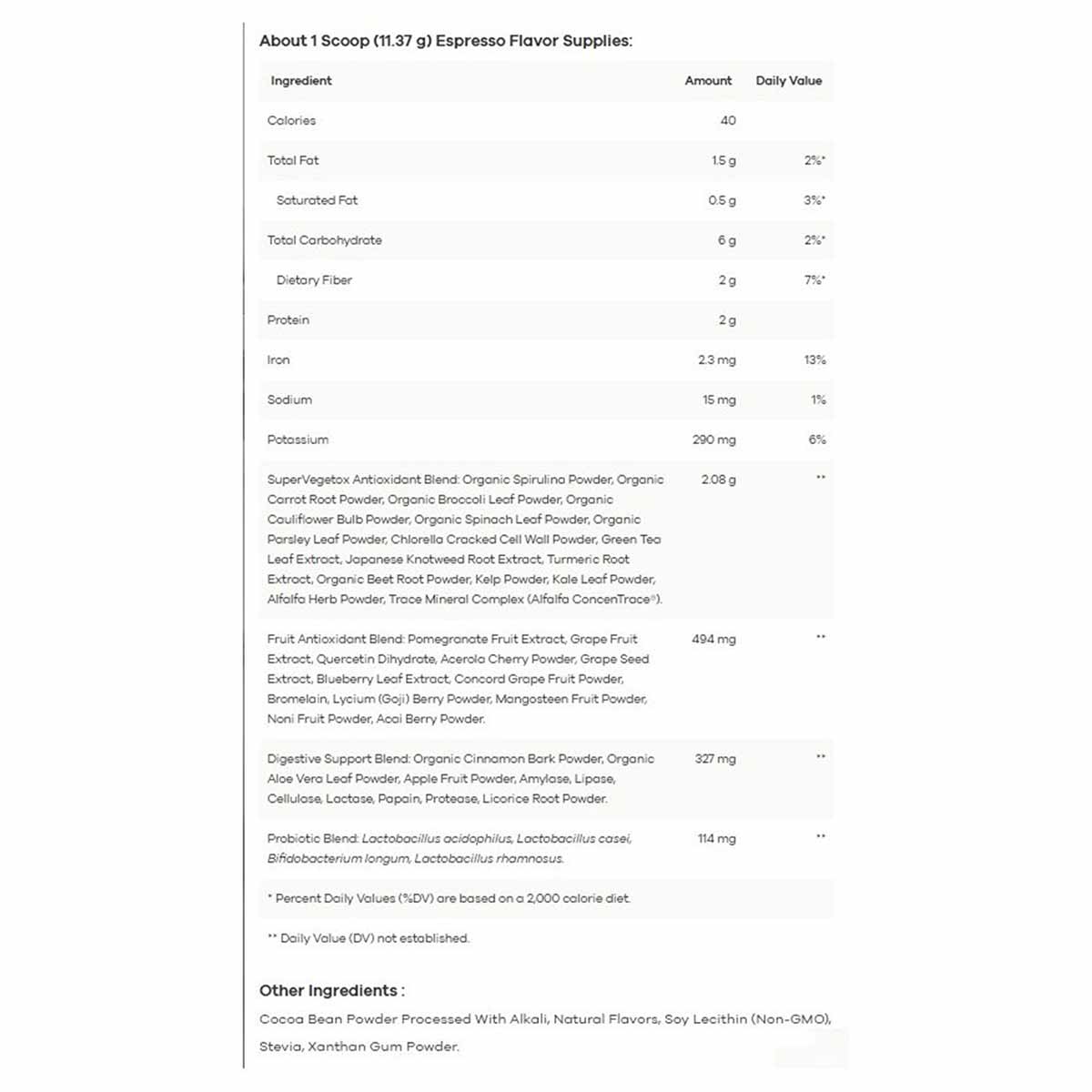 Nutrition facts label for Fruits & Greens Daily Drink showing ingredients and nutritional information per scoop serving.